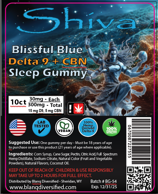 Shiva - delta 9 - Sleep Gummies - 15 mg d9 - 15 mg CBD ( CBN and CBG) -10 count sachet